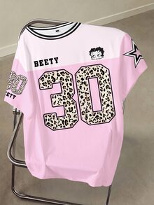Betty Boop x SHEIN Plus Size Women Leopard Print Letter Graphic Crew Neck Short Sleeve Casual T-Shirt - White - View 3