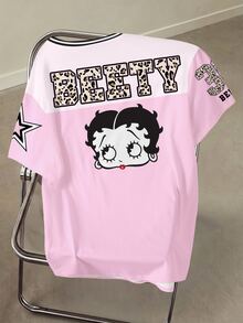 Betty Boop x SHEIN Plus Size Women Leopard Print Letter Graphic Crew Neck Short Sleeve Casual T-Shirt - White - View 2