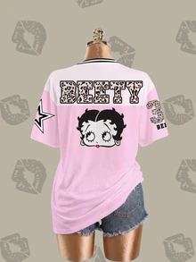 Betty Boop x SHEIN Plus Size Women Leopard Print Letter Graphic Crew Neck Short Sleeve Casual T-Shirt - White - View 5