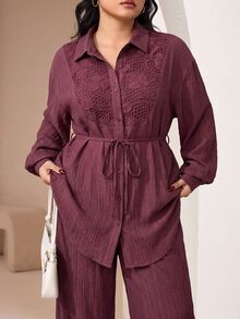 Veilorie Plus Size Women Solid Color Contrast Lace Long Sleeve Single-Breasted Shirt And Pants Conservative Arabic Outfit - Dusty Pink - View 3