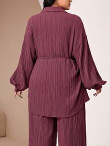 Veilorie Plus Size Women Solid Color Contrast Lace Long Sleeve Single-Breasted Shirt And Pants Conservative Arabic Outfit - Dusty Pink - View 6