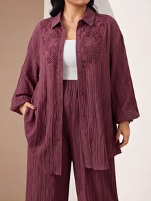 Veilorie Plus Size Women Solid Color Contrast Lace Long Sleeve Single-Breasted Shirt And Pants Conservative Arabic Outfit - Dusty Pink - View 4