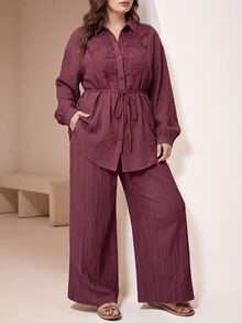 Veilorie Plus Size Women Solid Color Contrast Lace Long Sleeve Single-Breasted Shirt And Pants Conservative Arabic Outfit - Dusty Pink - View 2