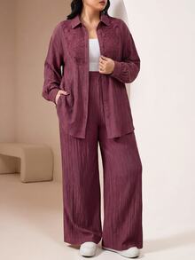 Veilorie Plus Size Women Solid Color Contrast Lace Long Sleeve Single-Breasted Shirt And Pants Conservative Arabic Outfit - Dusty Pink - View 7