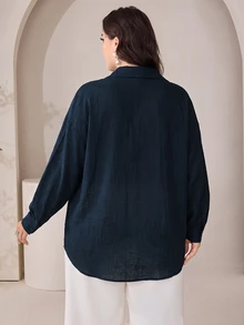 Veilorie Plus Size Fall Casual Elegant Business Casual Floral Embroidered Patchwork Shirt Office Formal Navy Blue - Navy Blue - View 2