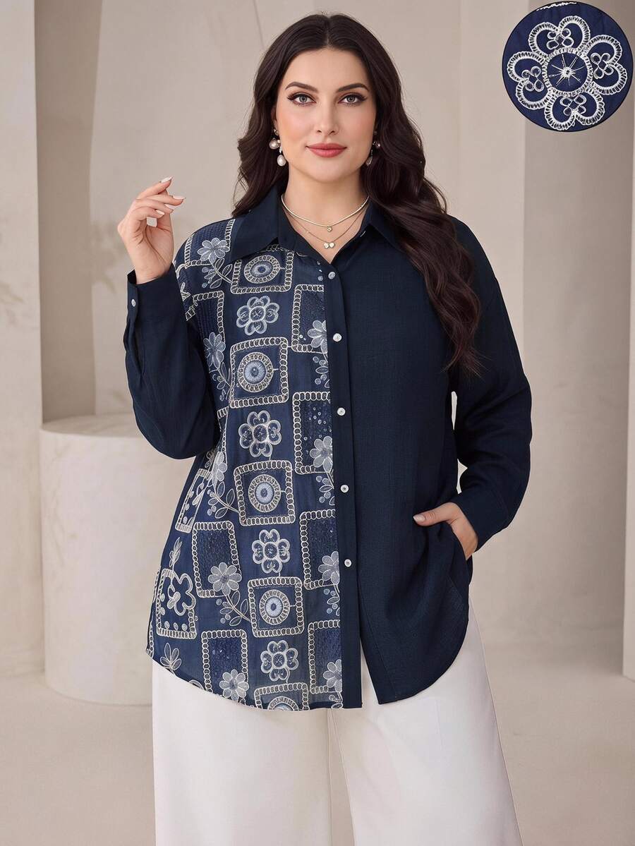 Veilorie Plus Size Fall Casual Elegant Business Casual Floral Embroidered Patchwork Shirt Office Formal Navy Blue - Navy Blue - View 1