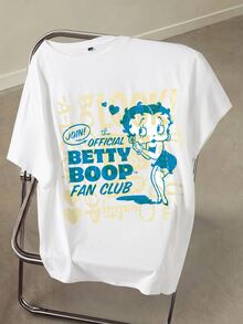 Betty Boop x SHEIN Plus Size Women's Letter Cartoon Print Crew Neck Short Sleeve Casual T-Shirt - White - View 3