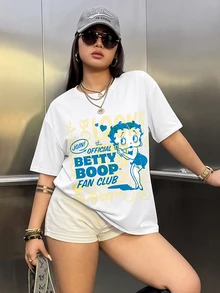 Betty Boop x SHEIN Plus Size Women's Letter Cartoon Print Crew Neck Short Sleeve Casual T-Shirt - White - View 1