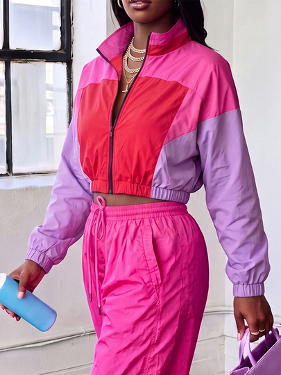 Gameset SHEIN Sport Vintage Farbblock Kurz Outdoor Sonnenschutz Jacke, Kragen Reißverschluss lockerer Schnitt, geeignet für Reisen, Wandern, Fitness, tägliches Pendeln, Outdoor Dual-Use Sportbekleidung