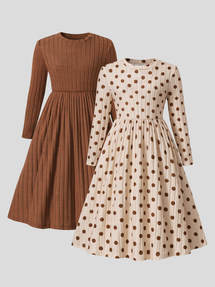 SHEIN Vintaside Kids Tween Girl 2pcs Solid Brown And Cream Flared Dress, Elegant Contrast Ribbed Top Embroidery Princess Dresses For Thanksgiving Fall Wear - Multicolor - View 1