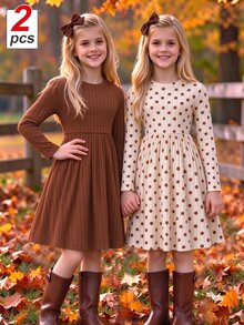 SHEIN Vintaside Kids 青少年女孩 2件組純色棕色與奶油色喇叭裙，優雅對比羅紋上衣刺繡公主洋裝，適合感恩節秋季穿著 - 彩色 - 查看 3