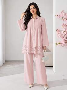Veilorie Plus Size French Lace Patchwork Single-Breasted Pleated Blouse And Loose Long Pants 2 Pieces Set Autumn Wedding Formal Dusty Pink Elegant - Baby Pink - View 1