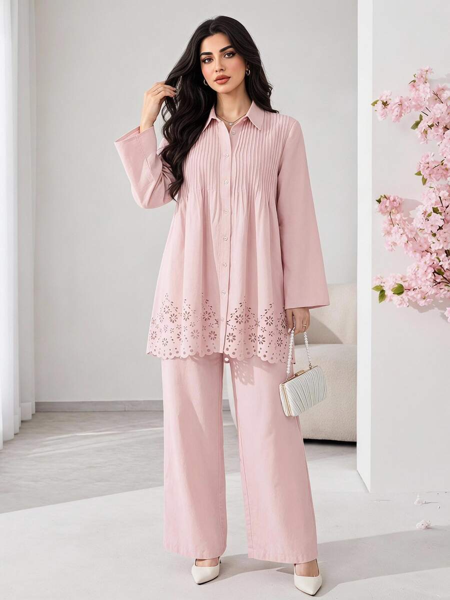 Veilorie Plus Size French Lace Patchwork Single-Breasted Pleated Blouse And Loose Long Pants 2 Pieces Set Autumn Wedding Formal Dusty Pink Elegant - Baby Pink - View 1