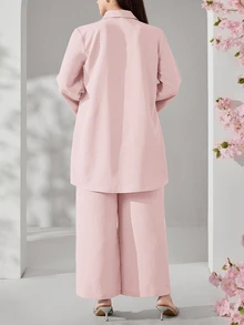 Veilorie Plus Size French Lace Patchwork Single-Breasted Pleated Blouse And Loose Long Pants 2 Pieces Set Autumn Wedding Formal Dusty Pink Elegant - Baby Pink - View 2