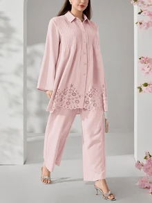 Veilorie Plus Size French Lace Patchwork Single-Breasted Pleated Blouse And Loose Long Pants 2 Pieces Set Autumn Wedding Formal Dusty Pink Elegant - Baby Pink - View 4