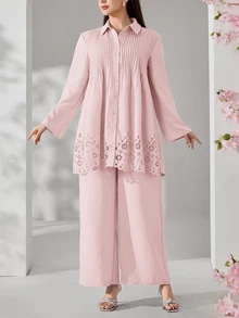 Veilorie Plus Size French Lace Patchwork Single-Breasted Pleated Blouse And Loose Long Pants 2 Pieces Set Autumn Wedding Formal Dusty Pink Elegant - Baby Pink - View 3