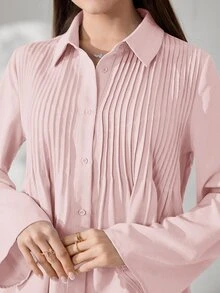 Veilorie Plus Size French Lace Patchwork Single-Breasted Pleated Blouse And Loose Long Pants 2 Pieces Set Autumn Wedding Formal Dusty Pink Elegant - Baby Pink - View 6
