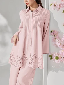 Veilorie Plus Size French Lace Patchwork Single-Breasted Pleated Blouse And Loose Long Pants 2 Pieces Set Autumn Wedding Formal Dusty Pink Elegant - Baby Pink - View 5