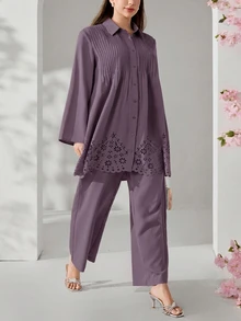 Veilorie Plus Size Solid Color Regular-Shoulder Long Sleeve Pleated Front Button Loose Elegant Modest 2 Pieces Set Fall Formal Dusty Pink Brunch Party Morning - Dusty Purple - View 4