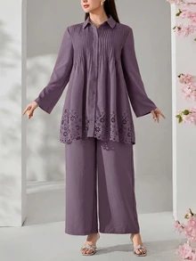 Veilorie Plus Size Solid Color Regular-Shoulder Long Sleeve Pleated Front Button Loose Elegant Modest 2 Pieces Set Fall Formal Dusty Pink Brunch Party Morning - Dusty Purple - View 3