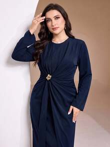 Veilorie Plus Size Women's Round Neck Long Sleeve Metal Waist Design Elegant Dress Fall Wedding Party Dinner Cocktail Formal Evening Navy Blue - Navy Blue - View 1