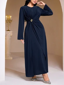 Veilorie Plus Size Women's Round Neck Long Sleeve Metal Waist Design Elegant Dress Fall Wedding Party Dinner Cocktail Formal Evening Navy Blue - Navy Blue - View 5