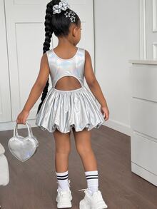 Young Girls Fashionable Sports Casual Round Neck Sleeveless Dress - Silver - View 1