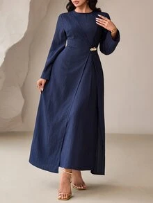 Veilorie Plus Size Ruched Dress With Metal Decoration - Navy Blue - View 3