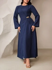 Veilorie Plus Size Ruched Dress With Metal Decoration - Navy Blue - View 5