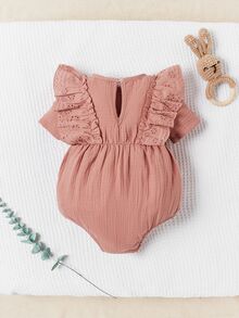 SHEIN 新生女婴白色纯棉柔软荷叶边碎花连体衣，圆领收腰设计 - 藕粉色 - 查看 3