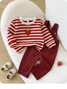 SHEIN Baby Girl Strawberry Decor Pattern Thick Textured Striped Pullover Top Corduroy Print Adjustable Shoulder Strap Thick Romper Set Suitable For Winter - Red and White - View 1