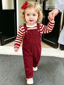 SHEIN Baby Girl Strawberry Decor Pattern Thick Textured Striped Pullover Top Corduroy Print Adjustable Shoulder Strap Thick Romper Set Suitable For Winter - Red and White - View 6