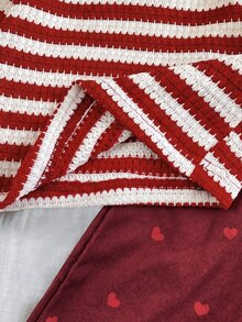 SHEIN Baby Girl Strawberry Decor Pattern Thick Textured Striped Pullover Top Corduroy Print Adjustable Shoulder Strap Thick Romper Set Suitable For Winter - Red and White - View 7