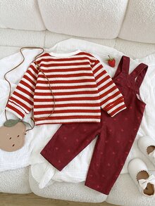 SHEIN Baby Girl Strawberry Decor Pattern Thick Textured Striped Pullover Top Corduroy Print Adjustable Shoulder Strap Thick Romper Set Suitable For Winter - Red and White - View 2