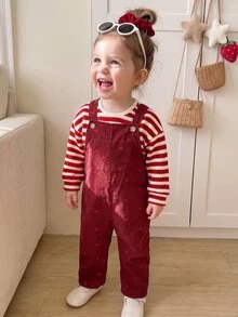 SHEIN Baby Girl Strawberry Decor Pattern Thick Textured Striped Pullover Top Corduroy Print Adjustable Shoulder Strap Thick Romper Set Suitable For Winter - Red and White - View 5