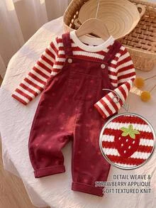 SHEIN Baby Girl Strawberry Decor Pattern Thick Textured Striped Pullover Top Corduroy Print Adjustable Shoulder Strap Thick Romper Set Suitable For Winter - Red and White - View 9