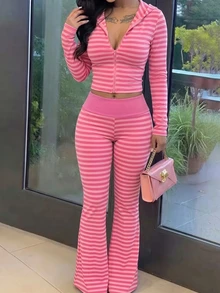 Dekonique Dekonique Women's Striped Long Sleeve Zipper Front Top And Flare Pants Casual 2 Pieces Set - Multicolor - View 5