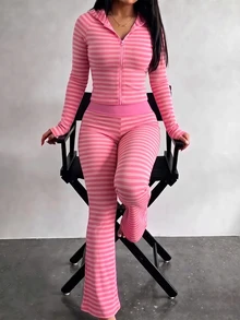Dekonique Dekonique Women's Striped Long Sleeve Zipper Front Top And Flare Pants Casual 2 Pieces Set - Multicolor - View 3