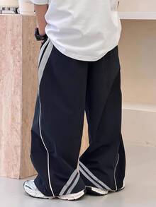 青少年男孩休閒運動長褲，拼色拼接設計配雙腰帶，適合春夏秋冬、情人節、約會、夏季穿搭、家庭聚會、返校季、婚禮季、運動、生日派對 - 黑色 - 查看 3