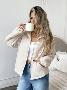 Easowa 休閒隨性優雅通勤老錢風女款立領斜口袋紋理絎縫布料秋冬加厚外套 - 杏色 - 查看 2