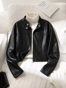 SHEIN Teen Girl Fall Black Slim Fit Cropped Zip-Up Jacket, Streetwear, Autumn, Fall, Holiday - Black - View 1