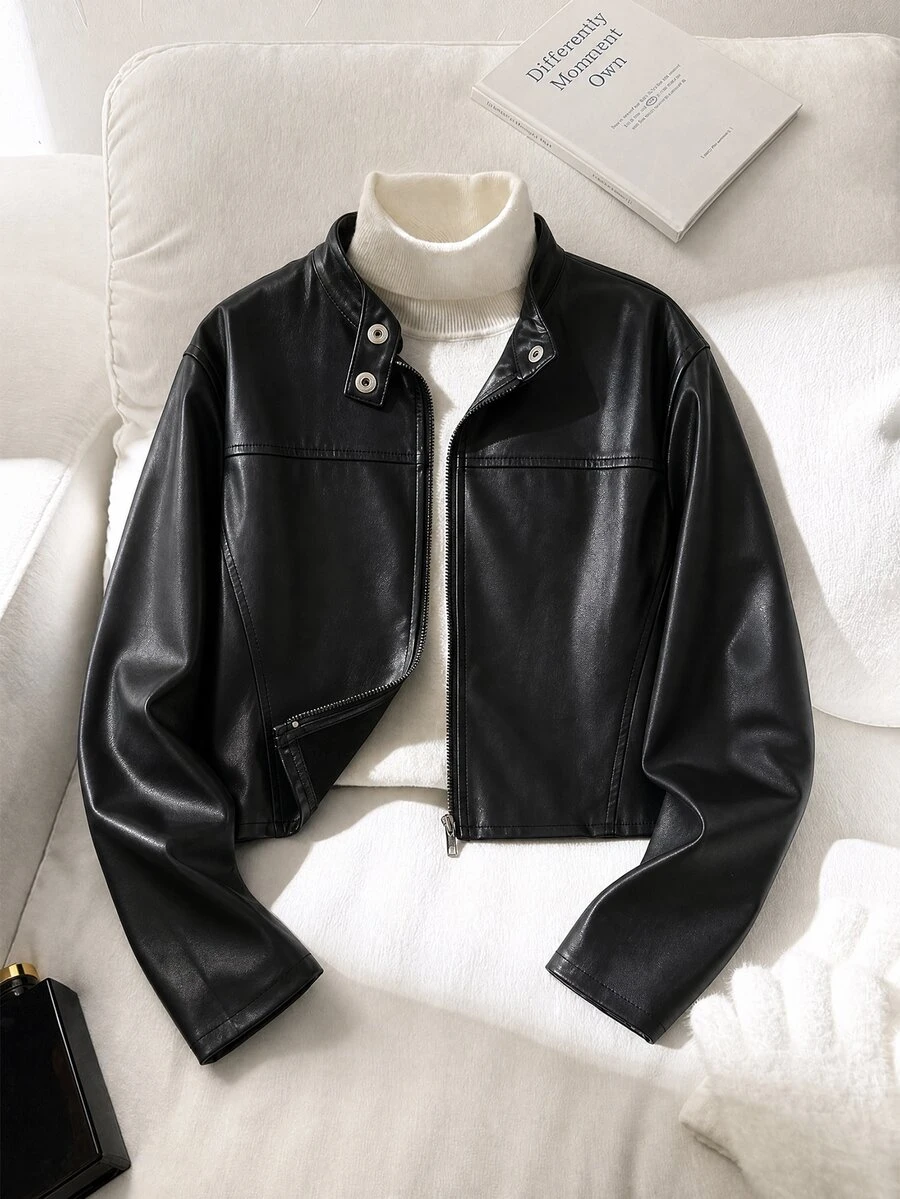 SHEIN Teen Girl Fall Black Slim Fit Cropped Zip-Up Jacket, Streetwear, Autumn, Fall, Holiday - Black - View 1