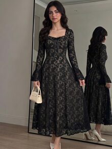 青少年女孩優雅黑色方領收腰喇叭袖長袖洋裝，適合派對、節日慶典、優雅場合、返校舞會、正式活動、婚禮賓客穿著，聖誕節、新年、情人節，母女套裝 - 黑色 - 查看 1