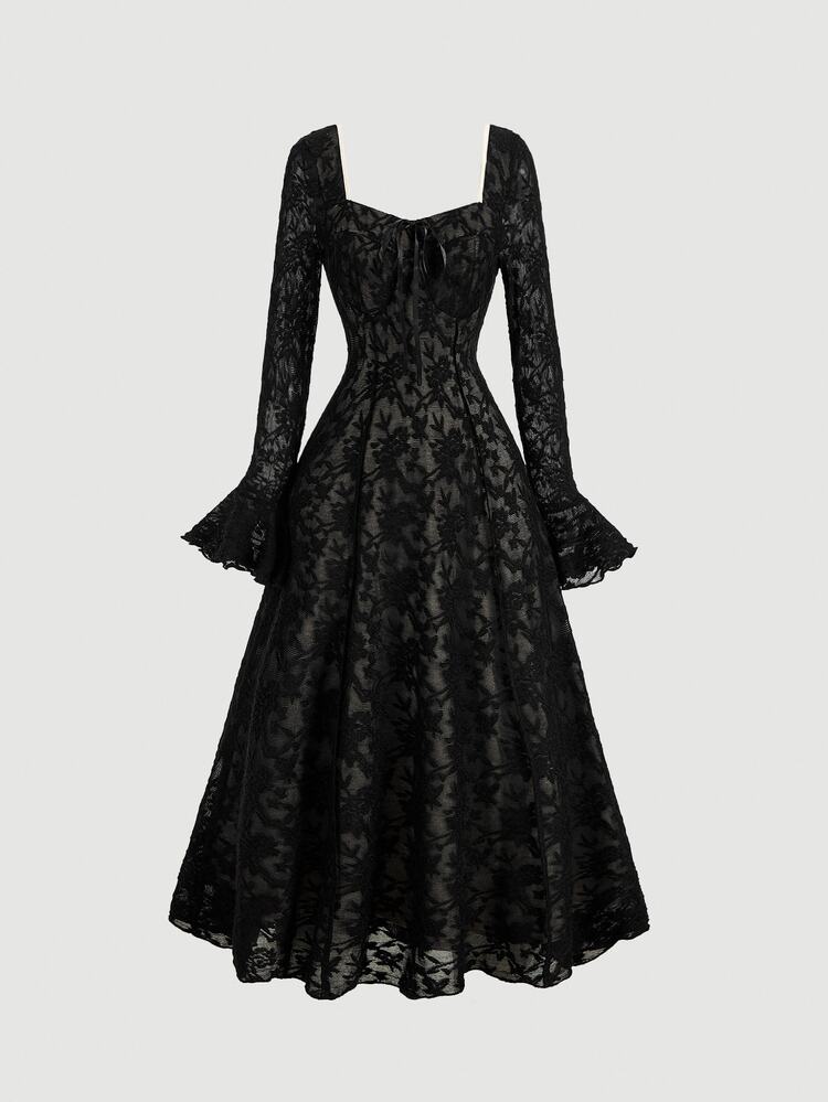 Teen Girl Teen Girl Elegant Black Square Neck Waist-Cinching Bell Sleeve Long Sleeve Dress - Suitable For Parties, Holiday Celebrations, Elegant Occasions, Back To School Prom, Formal Events And Wedding Guest Wear, Christmas, New Year, Valentine's Day, Mother-Daughter Matching - Black - View 1