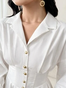 Modelyn Women's Front Button Solid Color Elegant Long Sleeve Dress Long Evening Dresses - White - View 6