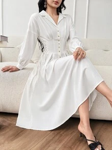 Modelyn Women's Front Button Solid Color Elegant Long Sleeve Dress Long Evening Dresses - White - View 4