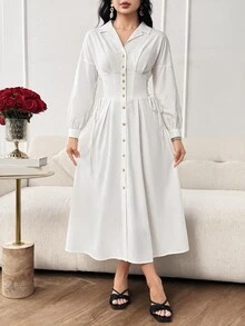 Modelyn Women's Front Button Solid Color Elegant Long Sleeve Dress Long Evening Dresses - White - View 3