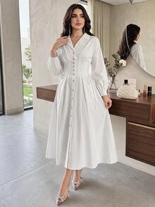 Modelyn Women's Front Button Solid Color Elegant Long Sleeve Dress Long Evening Dresses - White - View 1