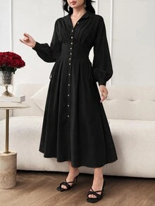 Modelyn 女式前扣纯色优雅长袖连衣裙长款晚礼服 - 黑色 - 查看 6