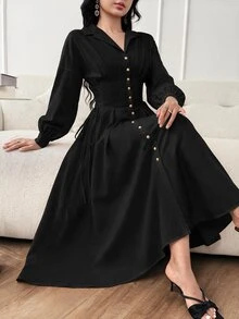 Modelyn 女式前扣纯色优雅长袖连衣裙长款晚礼服 - 黑色 - 查看 7